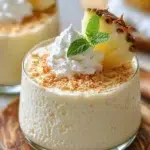 No-Bake Pina Colada Cheesecake Mousse topped with coconut and pineapple