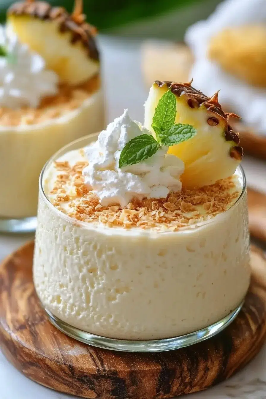 No-Bake Pina Colada Cheesecake Mousse topped with coconut and pineapple