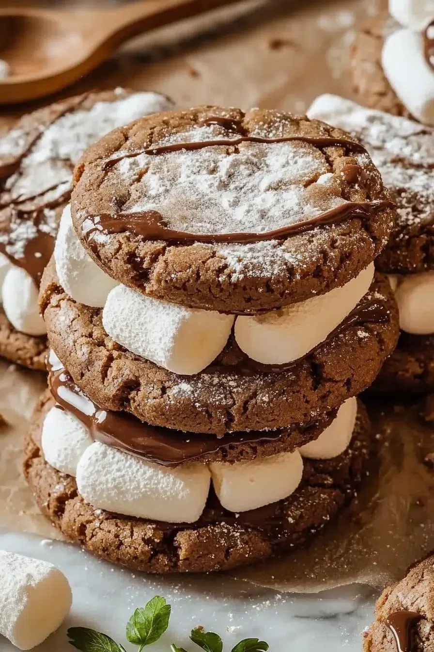 Delicious Nutella marshmallow cookies stacked on a plate
