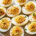Plate of Paula Deen's deviled eggs garnished and ready to serve.