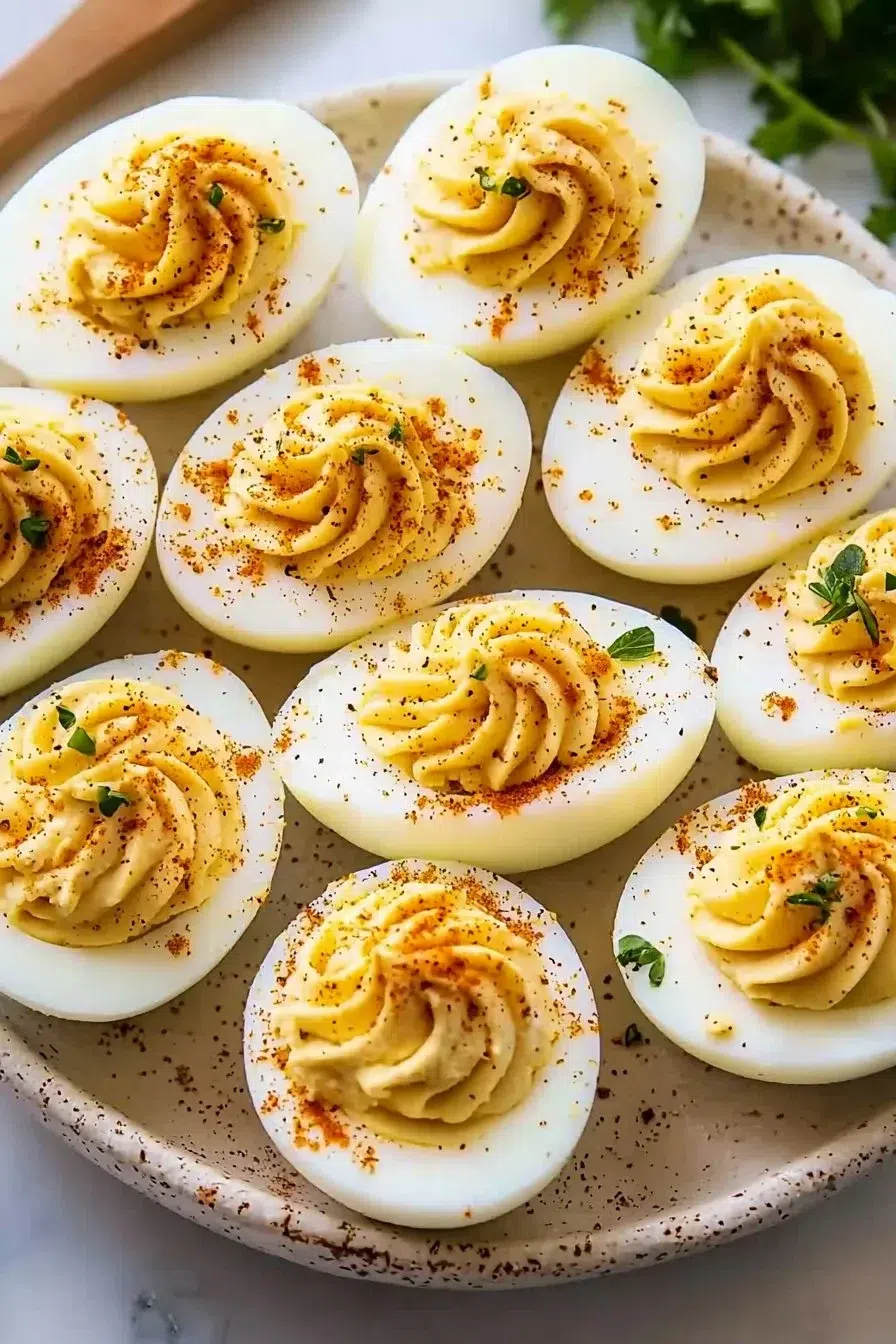 Plate of Paula Deen's deviled eggs garnished and ready to serve.