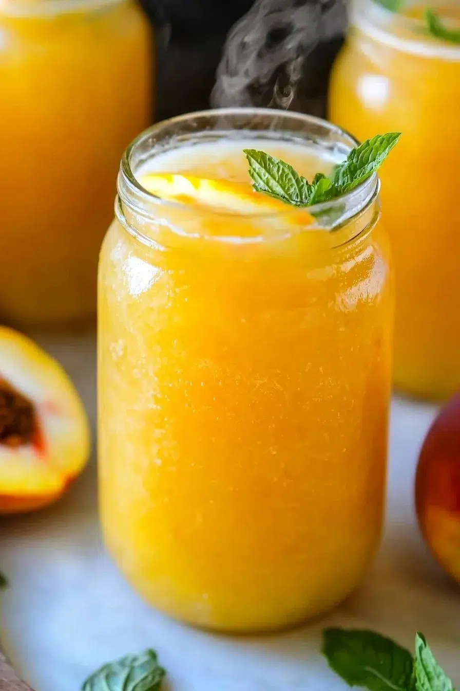 Refreshing peach lemonade in a glass with fresh peaches and mint.