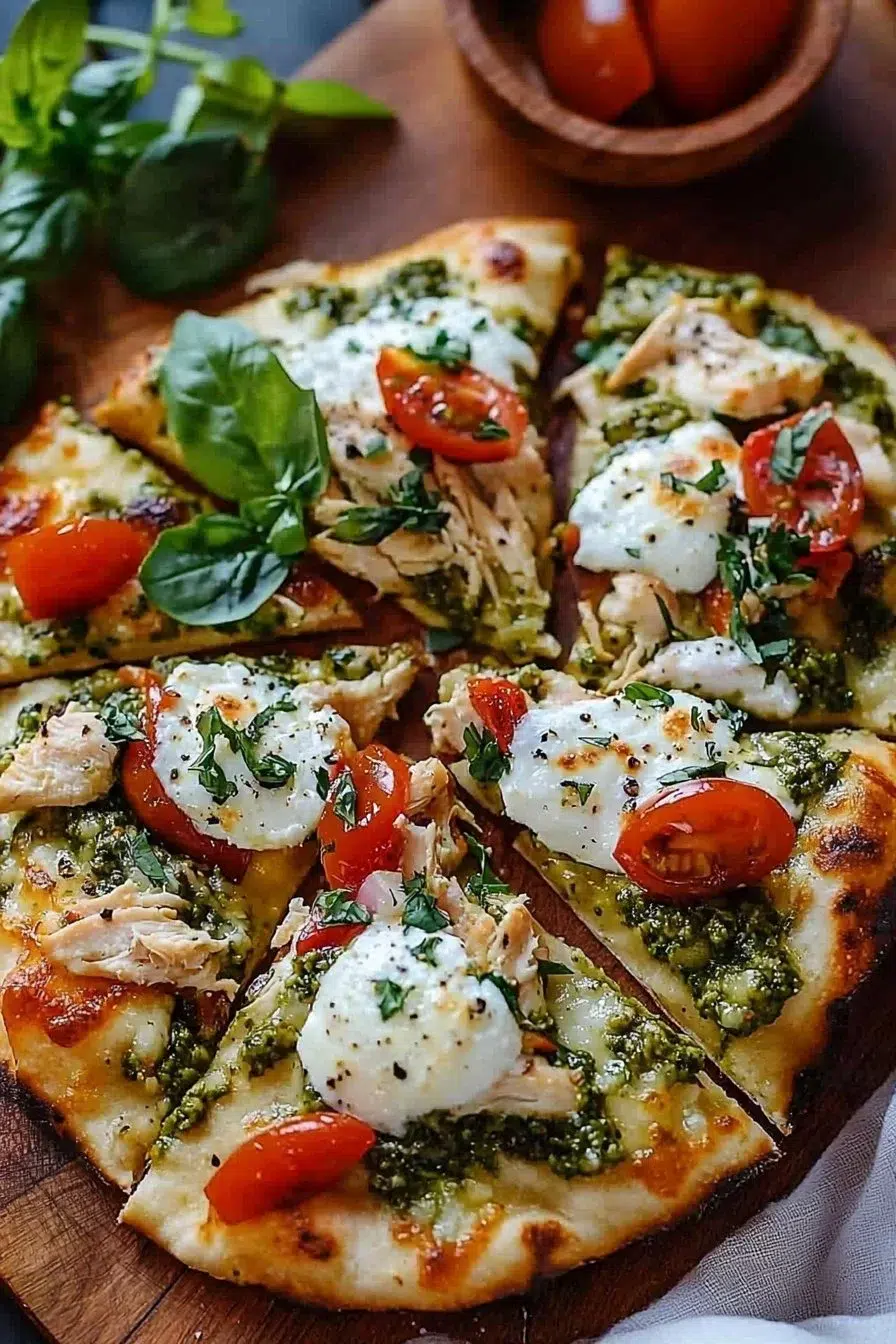 Pesto Chicken Flatbread topped with mozzarella cheese and fresh basil
