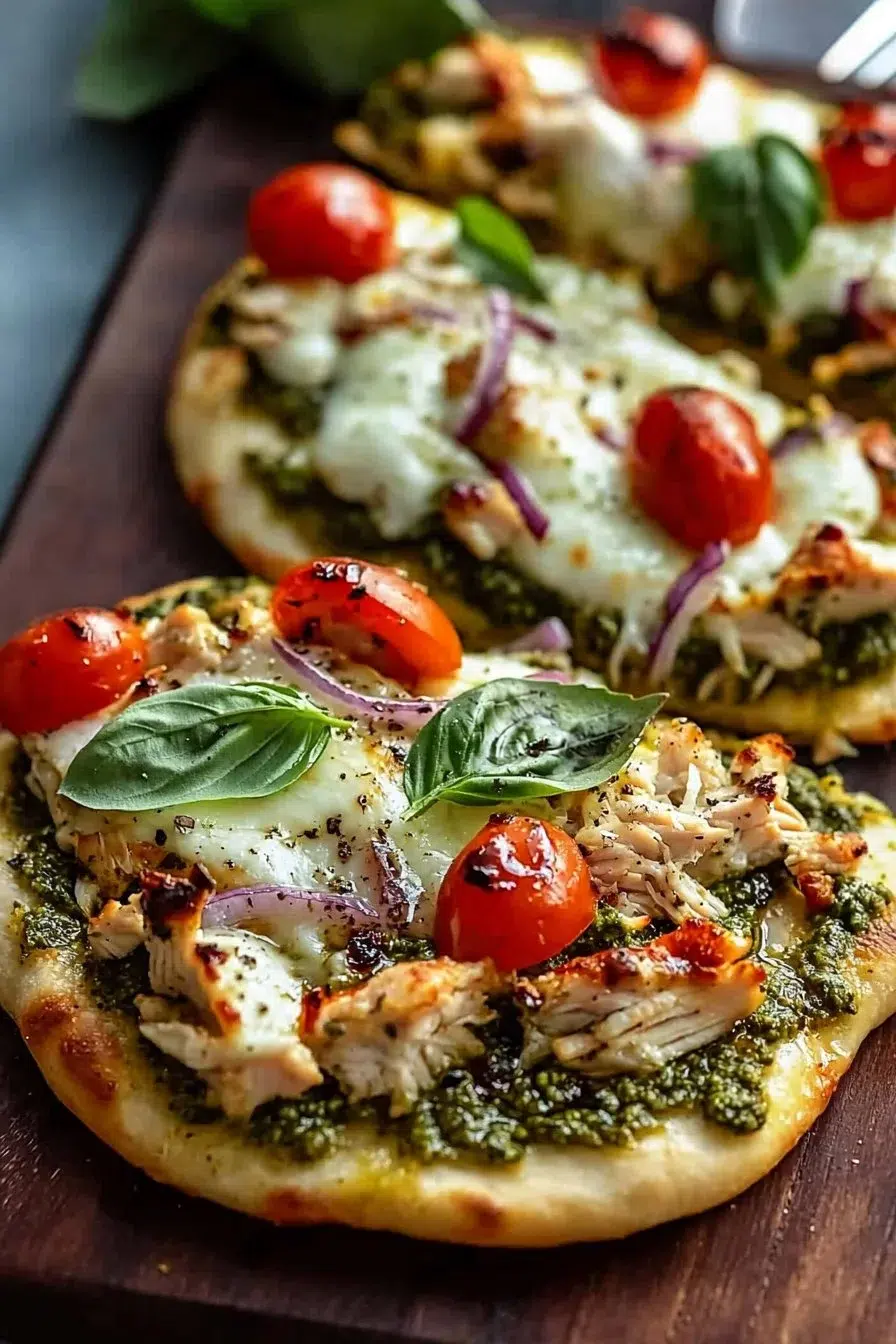 Pesto Chicken Flatbread with Mozzarella – Easy 20-minute dinner or appetizer loaded with flavor. Try it and pin it for later!