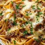 Delicious Philly Cheesesteak Pasta topped with melted cheese and peppers.