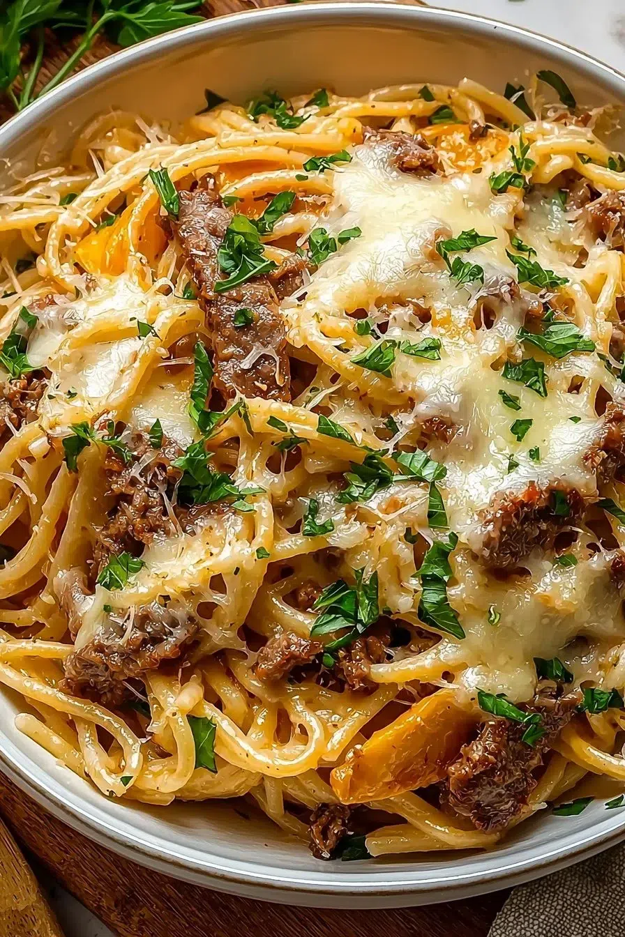 Delicious Philly Cheesesteak Pasta topped with melted cheese and peppers.