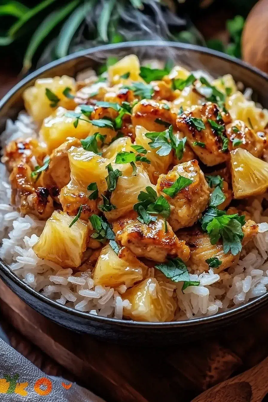 Delicious Pineapple Chicken served with rice for an easy weeknight dinner