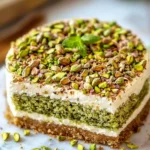 Delicious pistachio cake slice topped with nuts and frosting