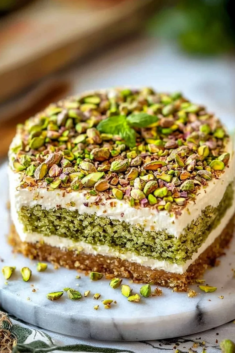 Delicious pistachio cake slice topped with nuts and frosting