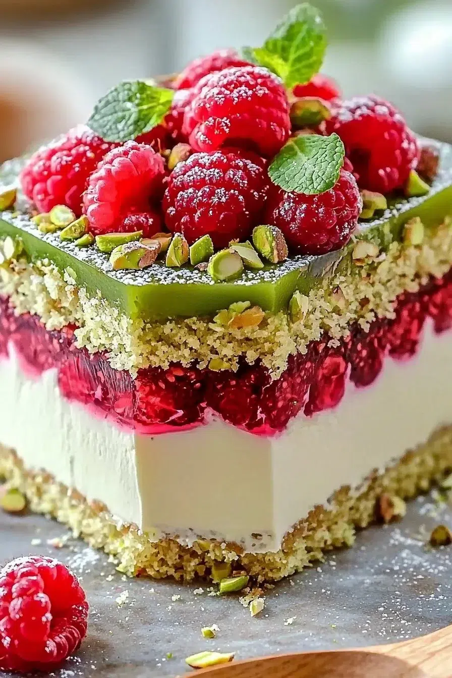 Slice of Pistachio Raspberry Dream Cake on a plate garnished with fresh raspberries