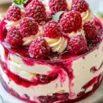 No-bake layered raspberry cream dessert with berries and cream topping