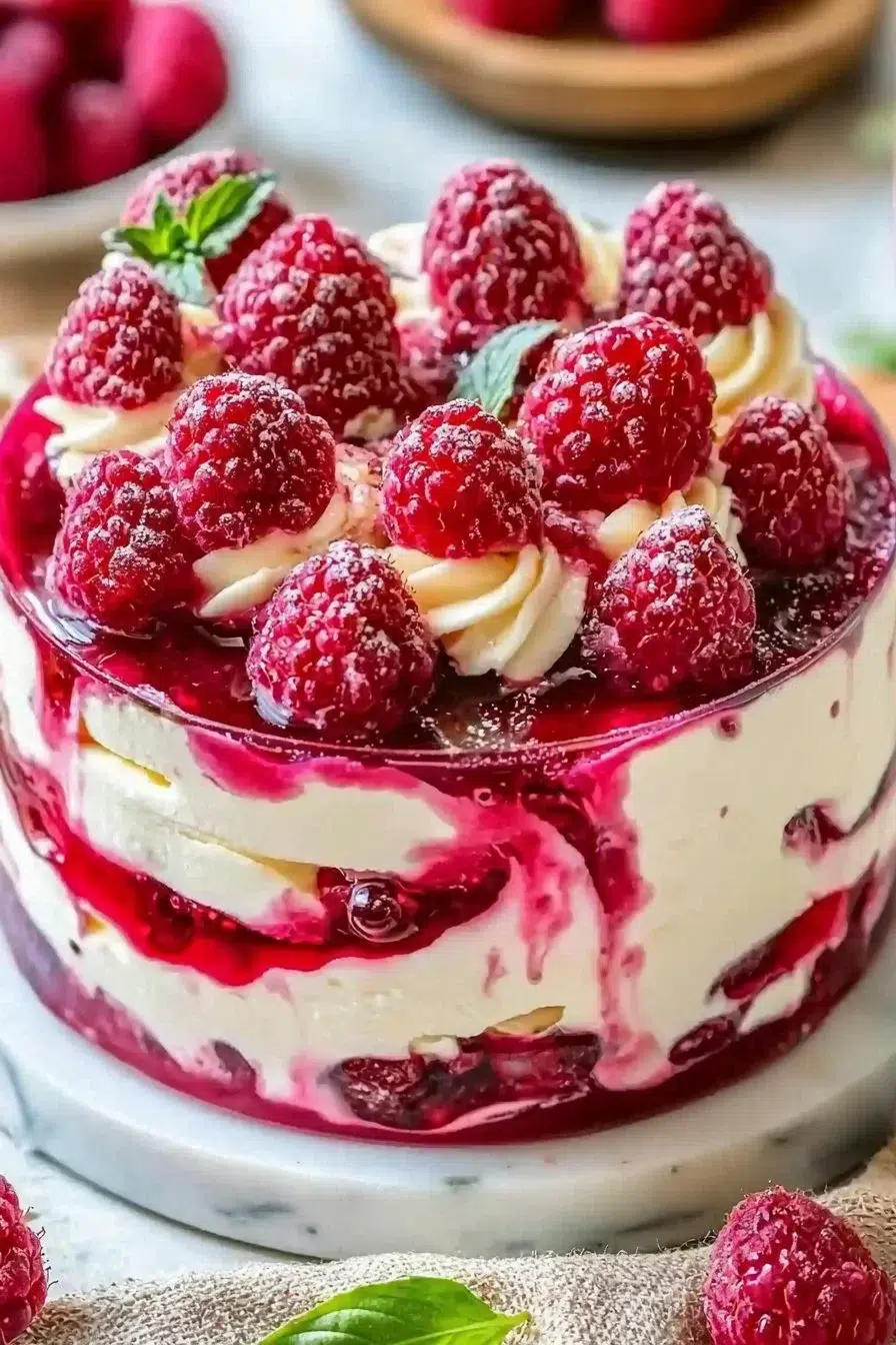 No-bake layered raspberry cream dessert with berries and cream topping