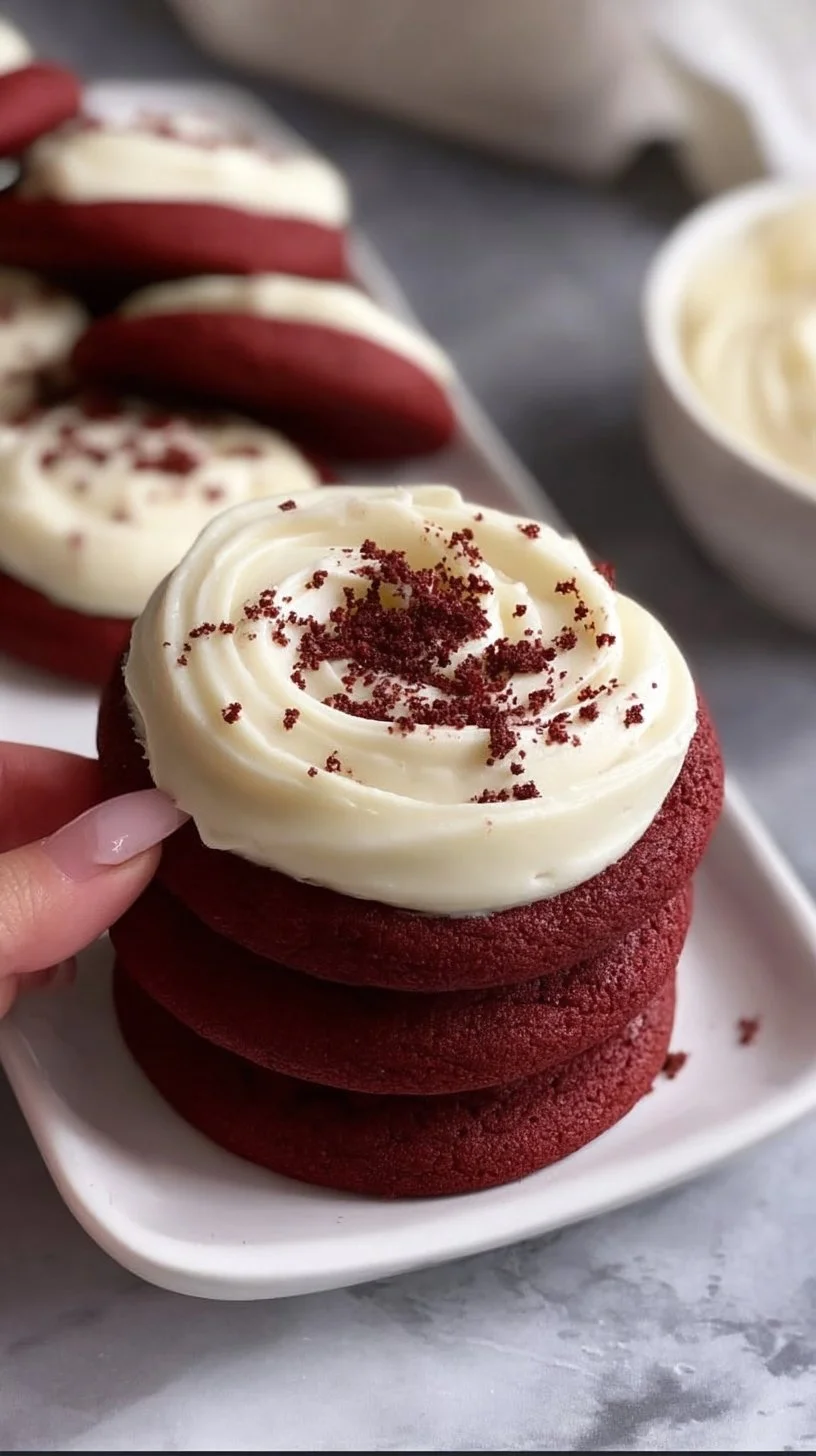 Delicious red velvet cookies topped with creamy frosting on a white plate