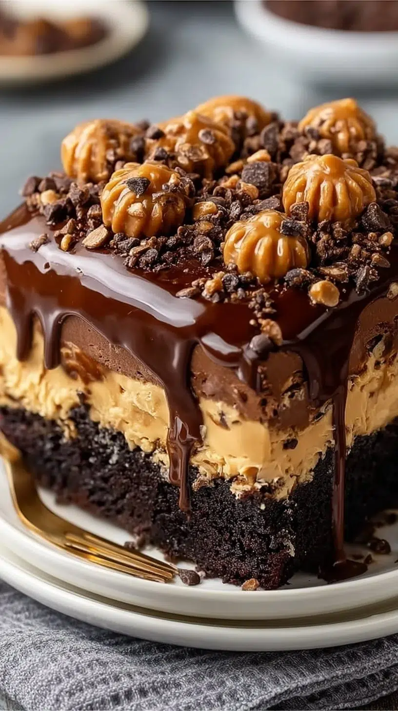Reese's Chocolate Peanut Butter Earthquake Cake topped with chocolate and peanut butter