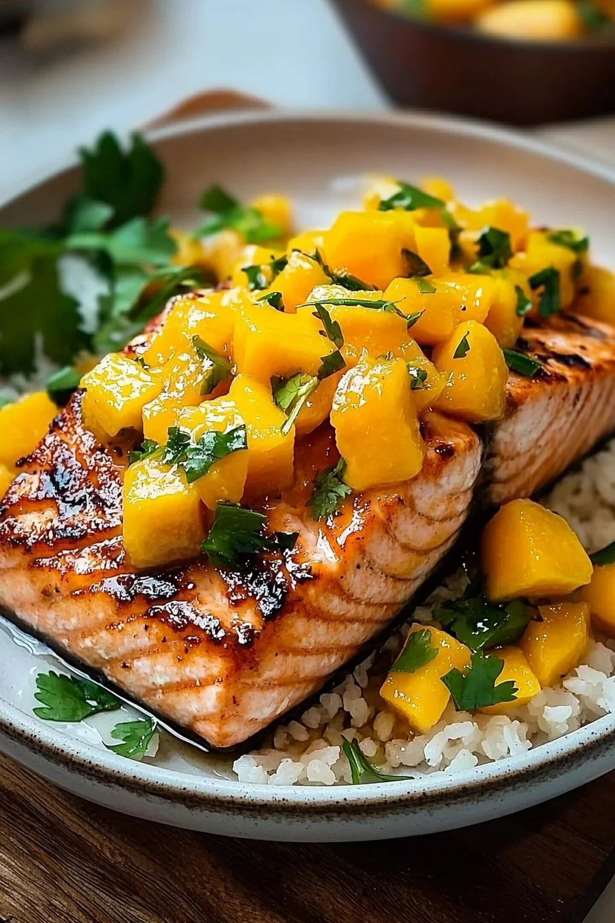 Baked salmon topped with fresh mango salsa for an easy family dinner