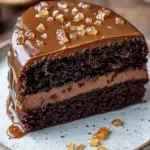 Delicious salted caramel chocolate cake topped with caramel drizzle and sea salt