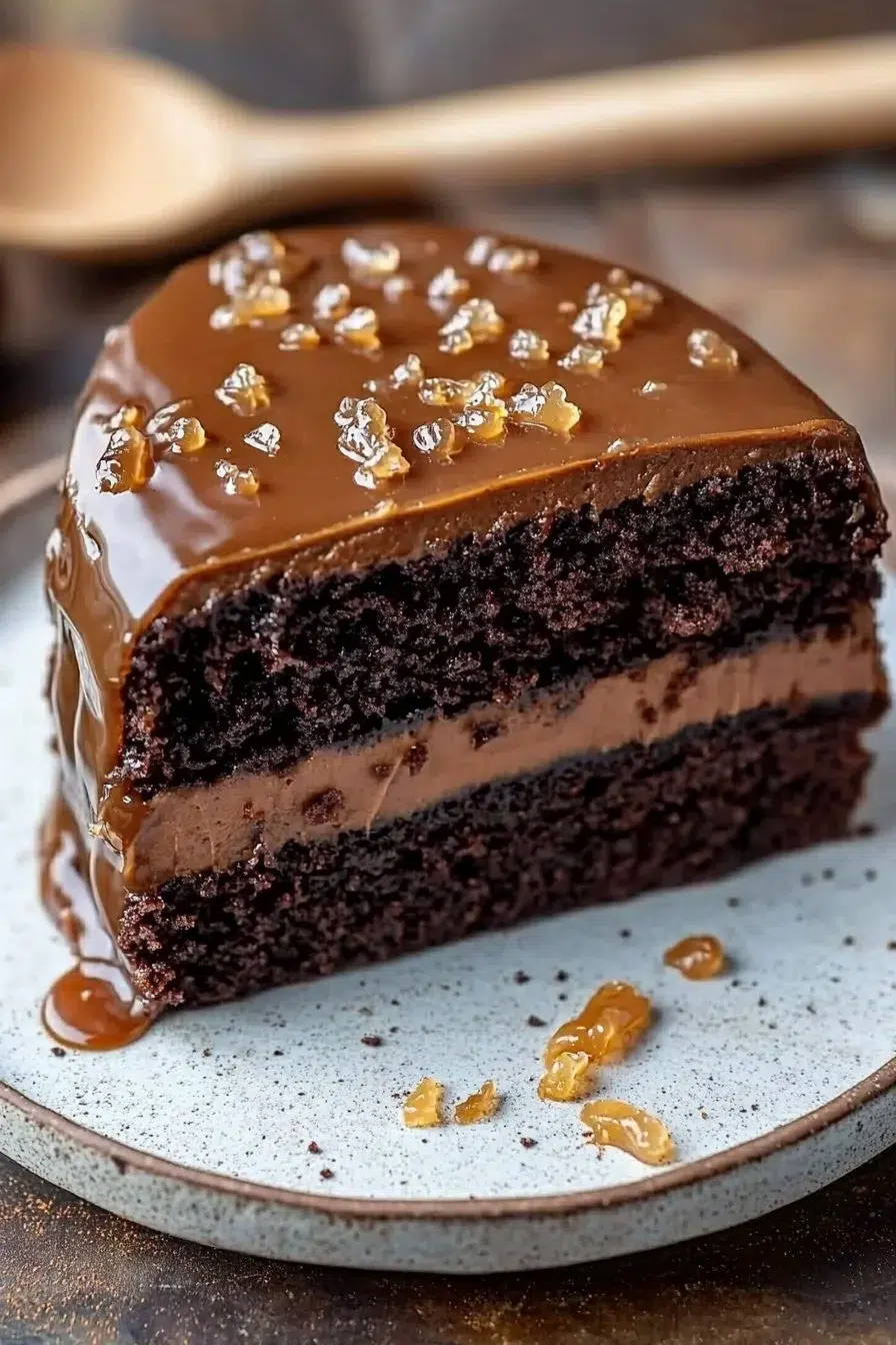 Delicious salted caramel chocolate cake topped with caramel drizzle and sea salt