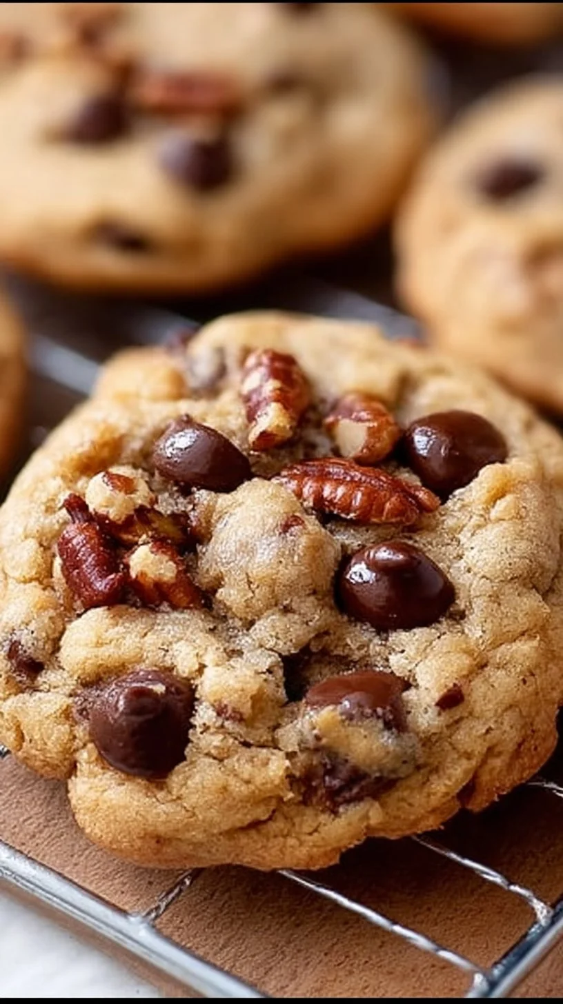 Batch of browned butter pecan chocolate chip cookies on a wooden table