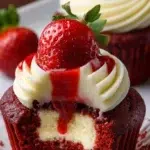 Delicious strawberry cheesecake red velvet cupcakes topped with fresh berries