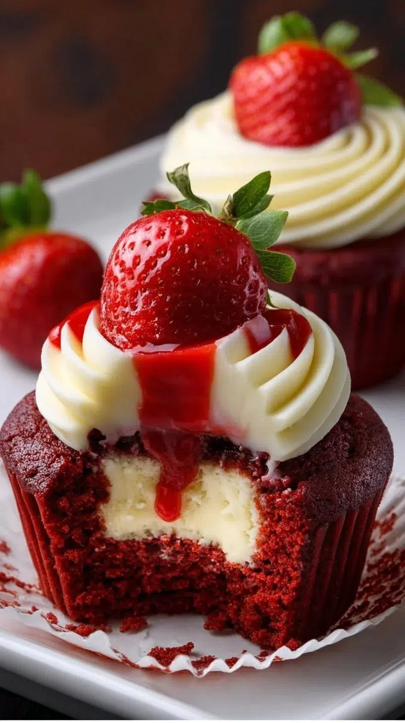Delicious strawberry cheesecake red velvet cupcakes topped with fresh berries