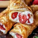 Strawberry cheesecake stuffed eggrolls on a plate with fresh strawberries.