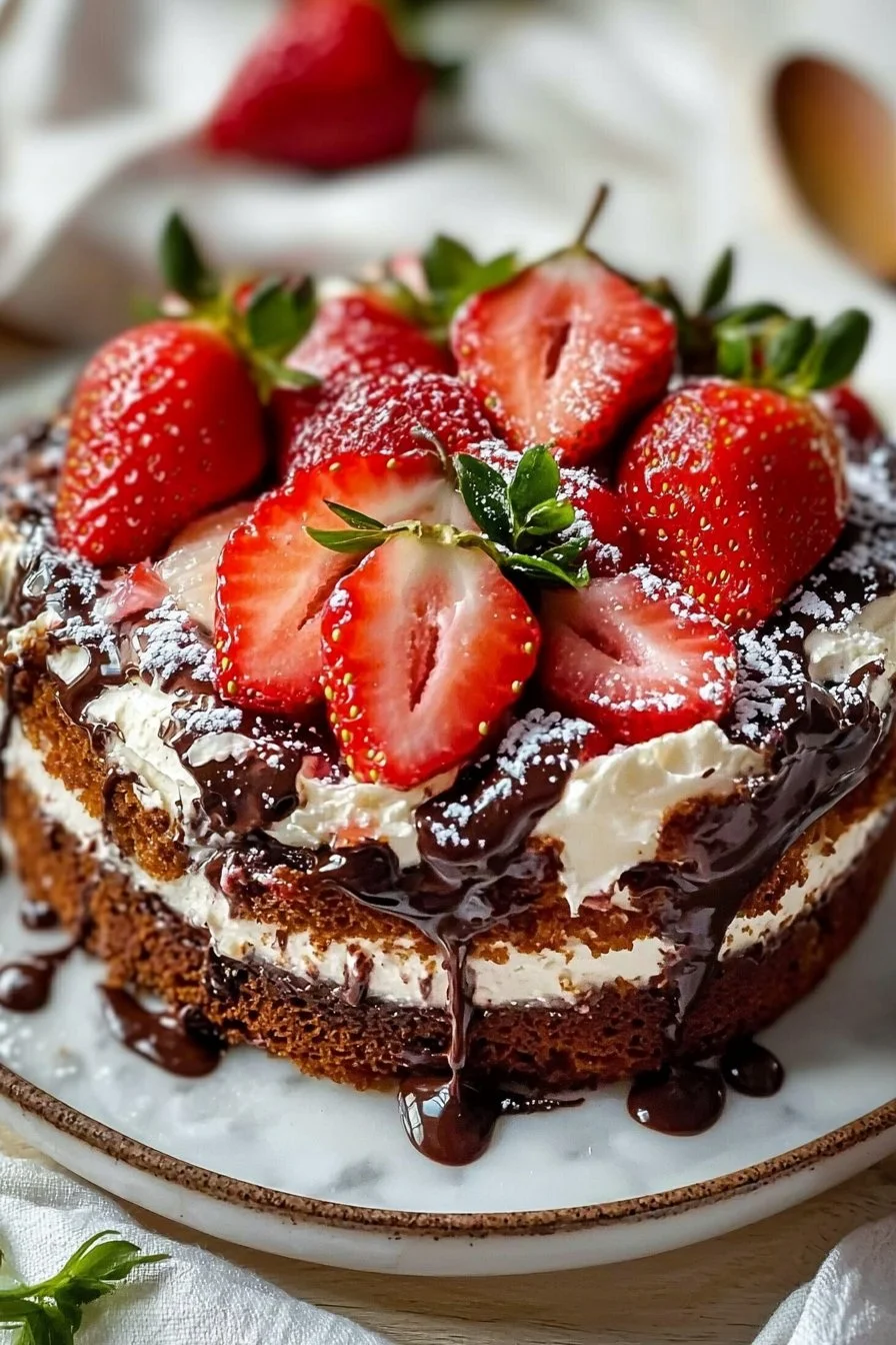 Delicious Strawberry Chocolate Shell Cake with a rich chocolate coating