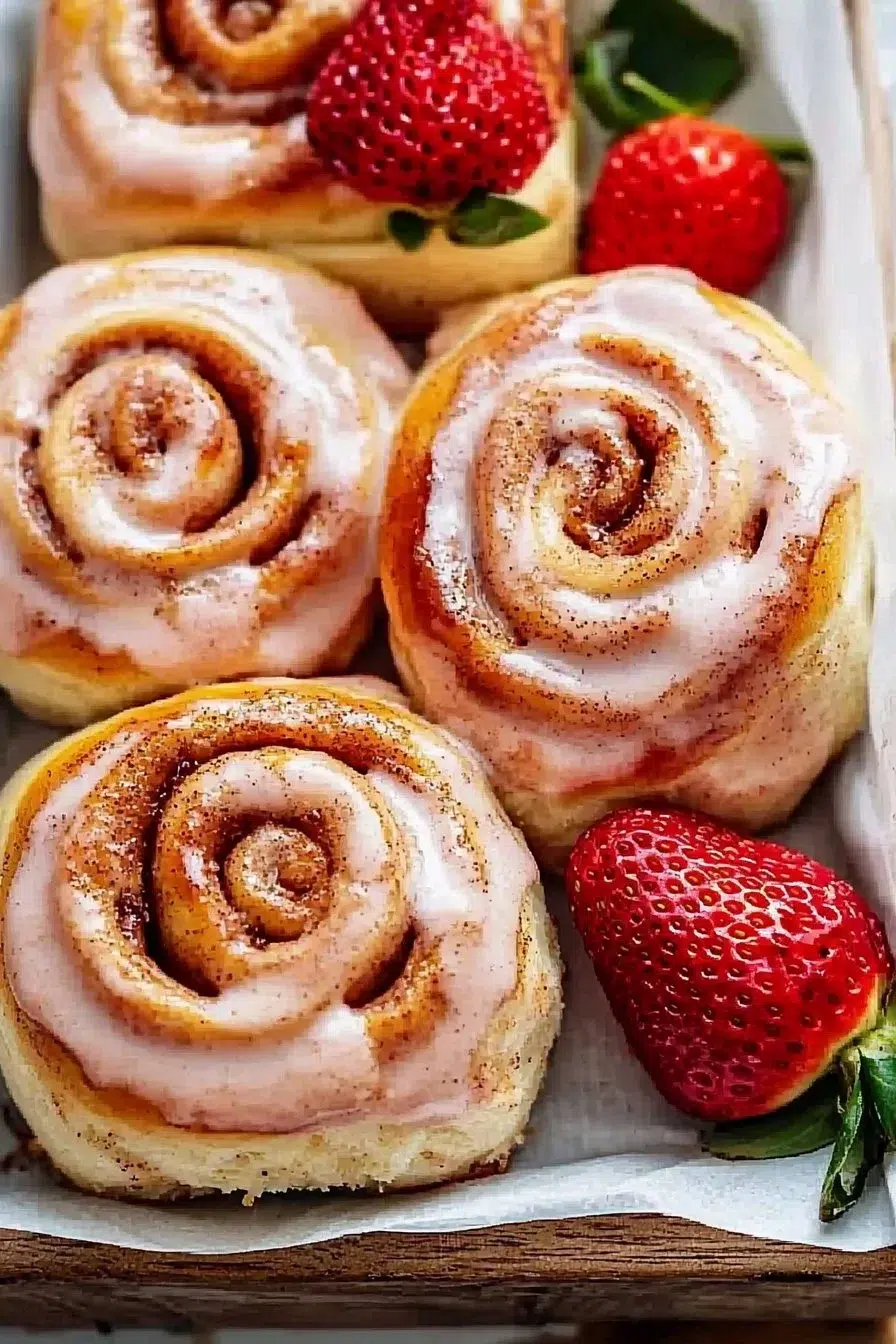 Freshly baked strawberry cinnamon rolls topped with icing.