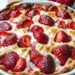 Freshly baked Strawberry Cream Cheese Cobbler layered with strawberries and cream cheese