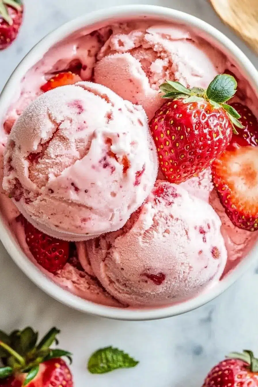 Delicious Strawberry Greek Frozen Yogurt served in a bowl with fresh berries