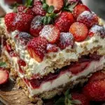 Delicious no-bake Strawberry Icebox Cake decorated for a patriotic celebration