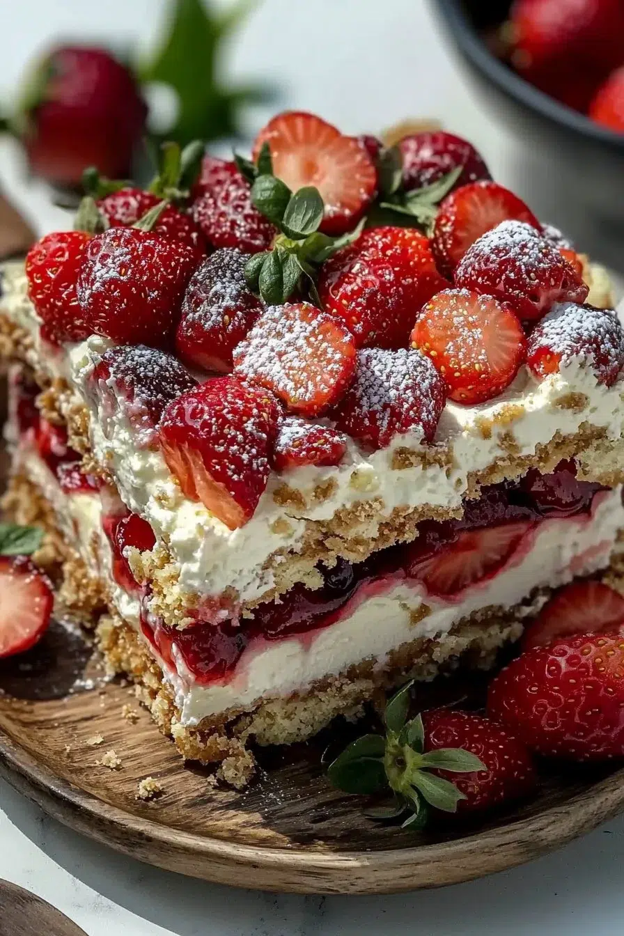 Delicious no-bake Strawberry Icebox Cake decorated for a patriotic celebration