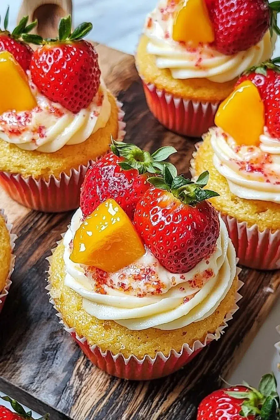 Strawberry mango cupcakes frosted with vibrant cream and topped with fresh fruit