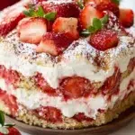 Strawberry Shortcake Tiramisu dessert layered with strawberries and cream