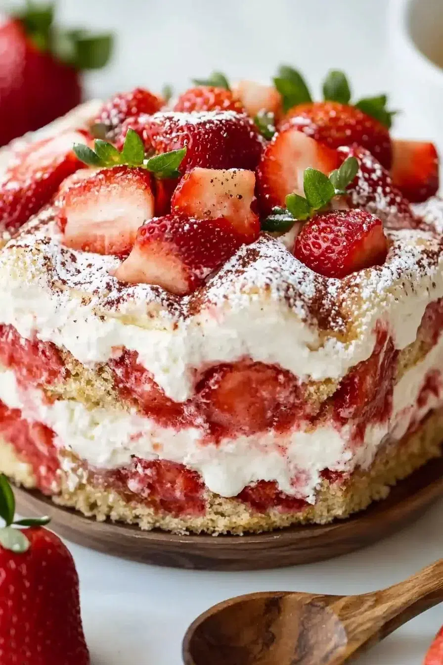 Strawberry Shortcake Tiramisu dessert layered with strawberries and cream