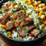 Delicious Street Corn Chicken Rice Bowl with chicken, corn, and rice.