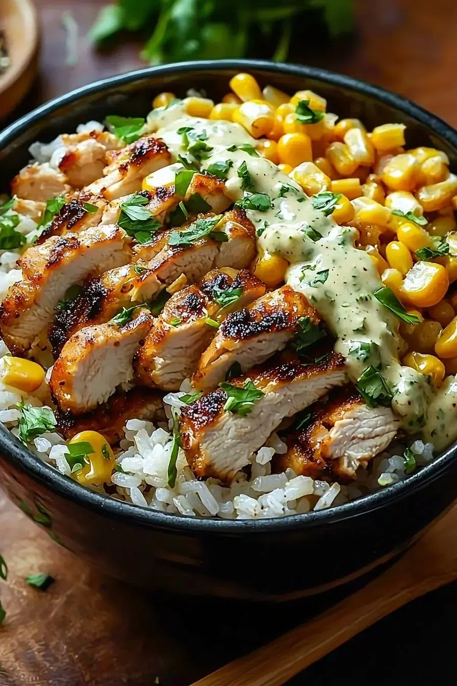 Delicious Street Corn Chicken Rice Bowl with chicken, corn, and rice.