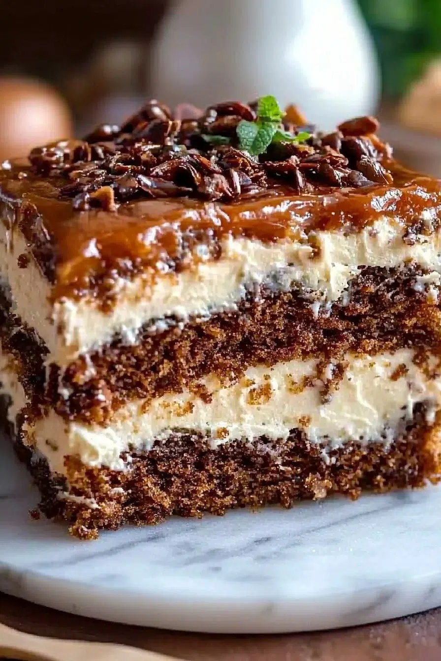 Delicious Texas Tornado Cake topped with chocolate and nuts.