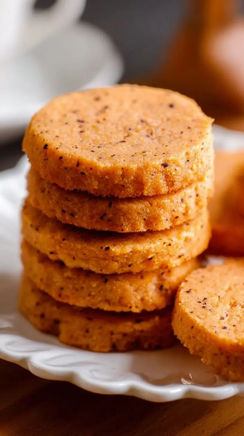 Delicious Thai Tea Shortbread Cookies on a plate garnished with tea leaves