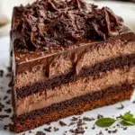 Decadent triple chocolate mousse cake topped with chocolate shavings and berries