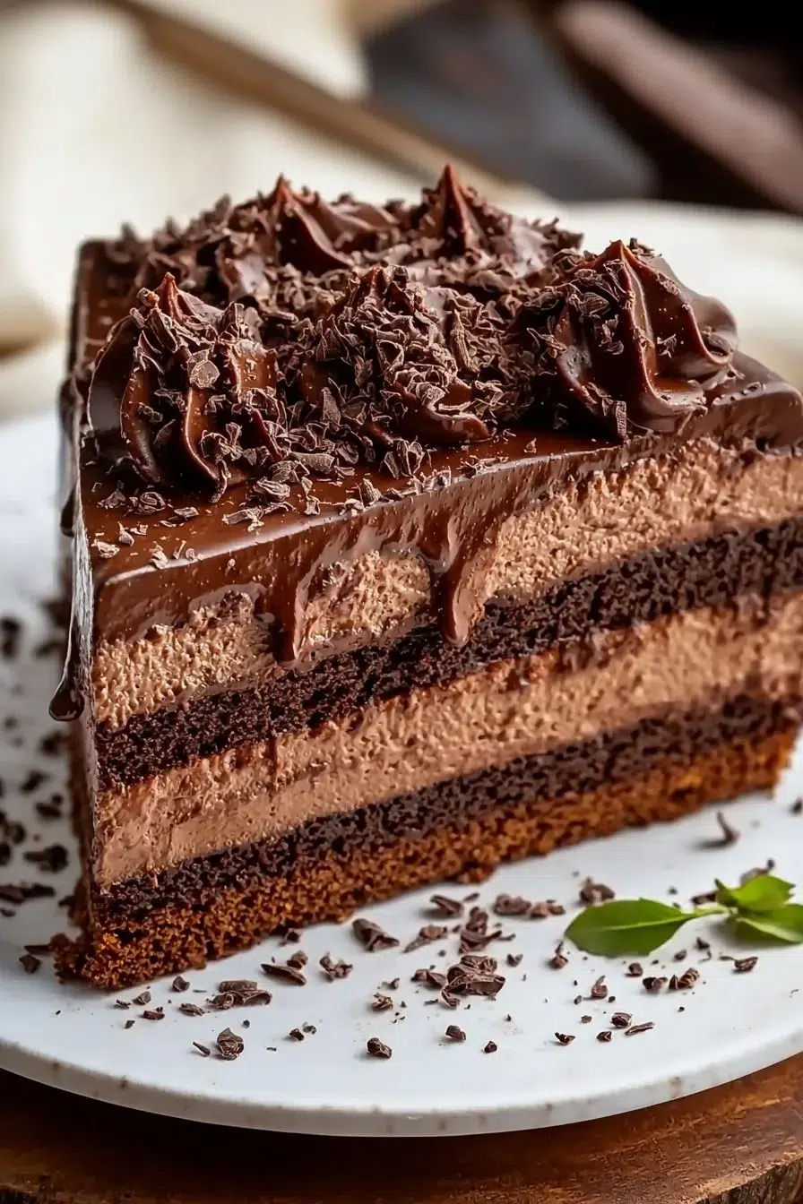 Decadent triple chocolate mousse cake topped with chocolate shavings and berries