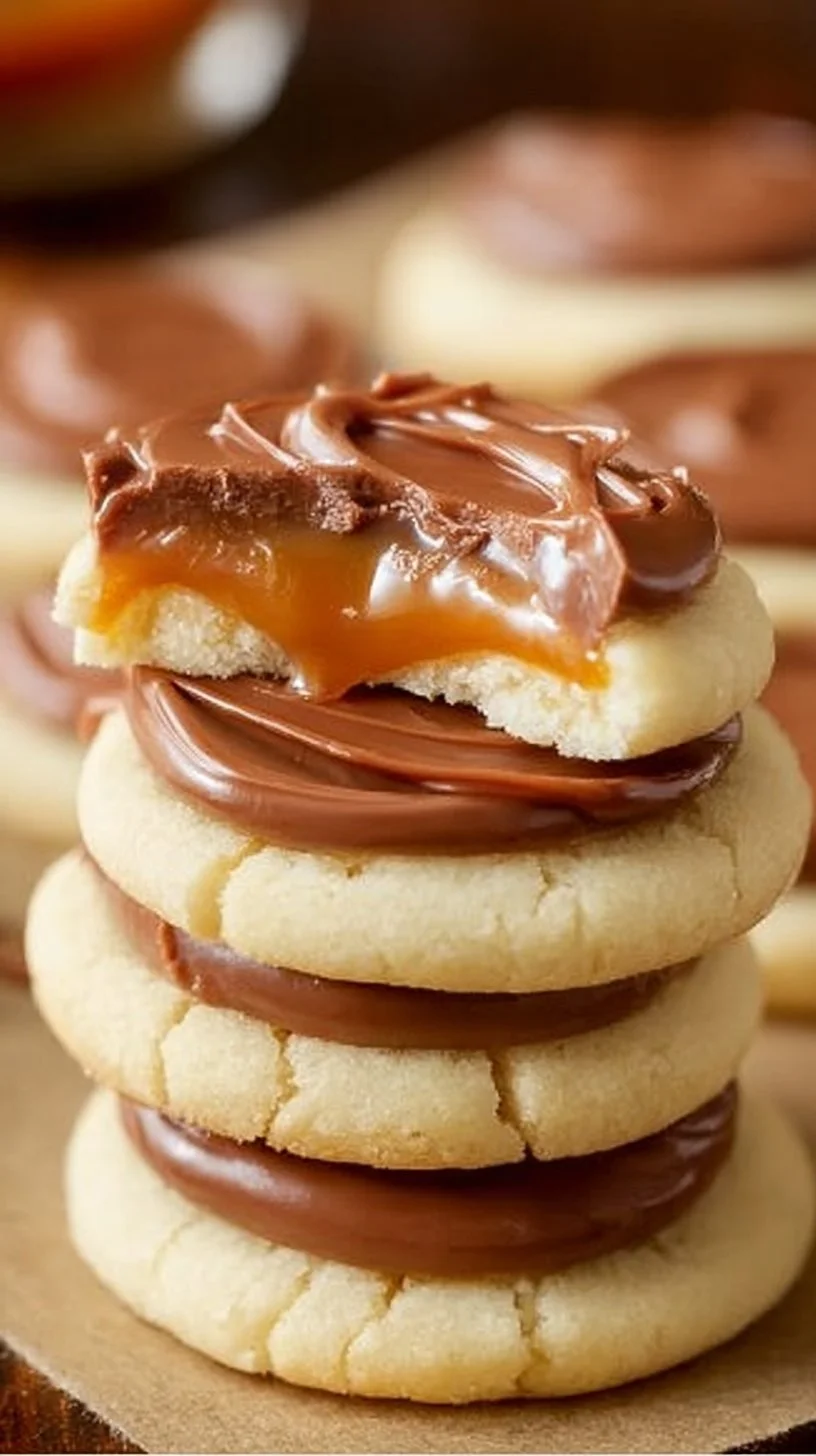 Twix Cookies featuring a soft sugar cookie base topped with caramel and chocolate.