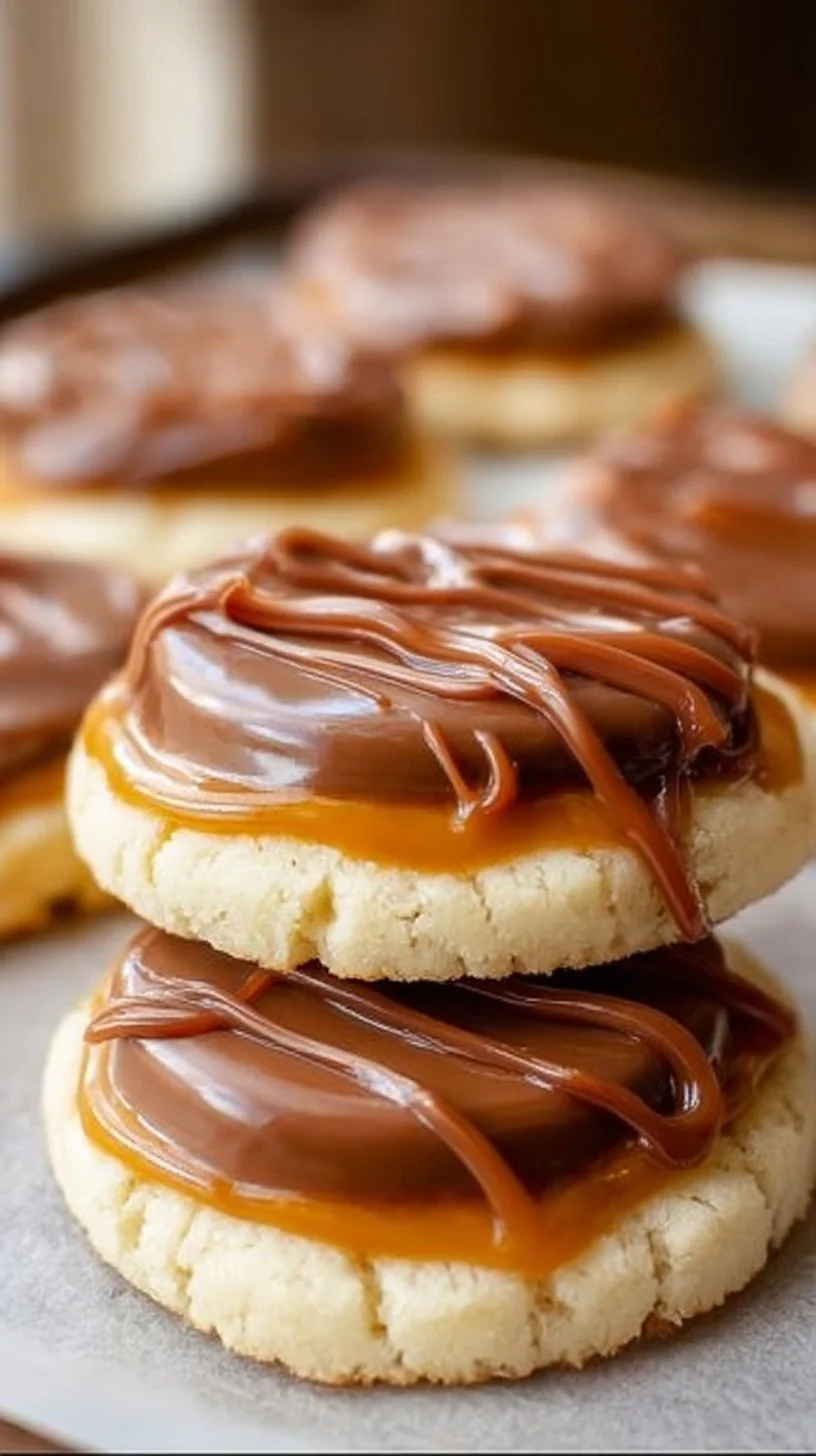 Twix Cookies are a soft sugar cookie crust, topped with creamy caramel and milk chocolate.