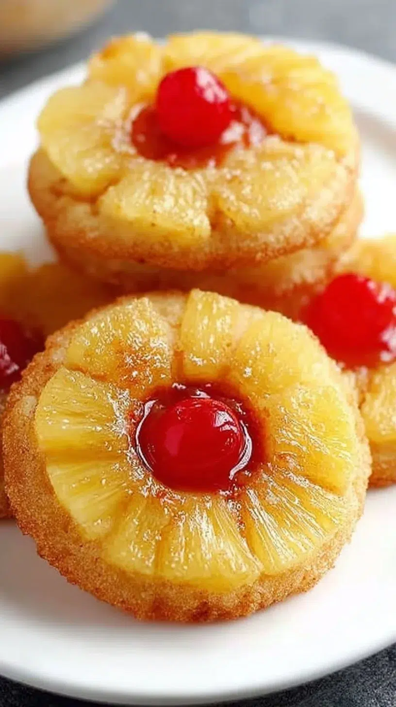 Delicious upside down cake pineapple sugar cookies on a plate