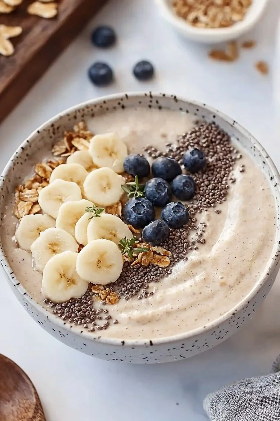 Delicious vanilla smoothie bowl topped with fruits and nuts for breakfast