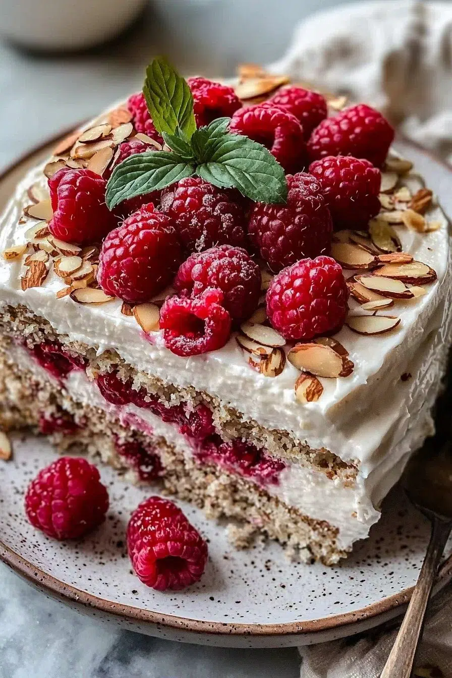 Vegan Almond Raspberry Cake served on a plate with fresh raspberries.