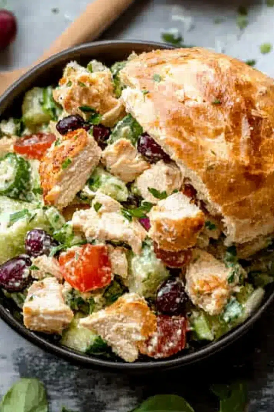 Creamy vegan chicken salad in a bowl with fresh vegetables