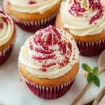 Delicious velvety cupcakes with red and white swirl frosting decoration