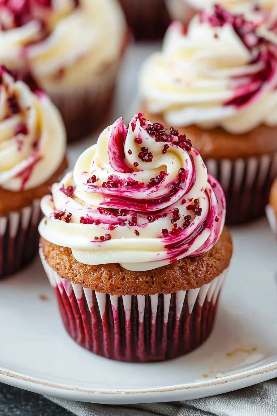 Velvety Cupcakes with Red and White Swirl Frosting