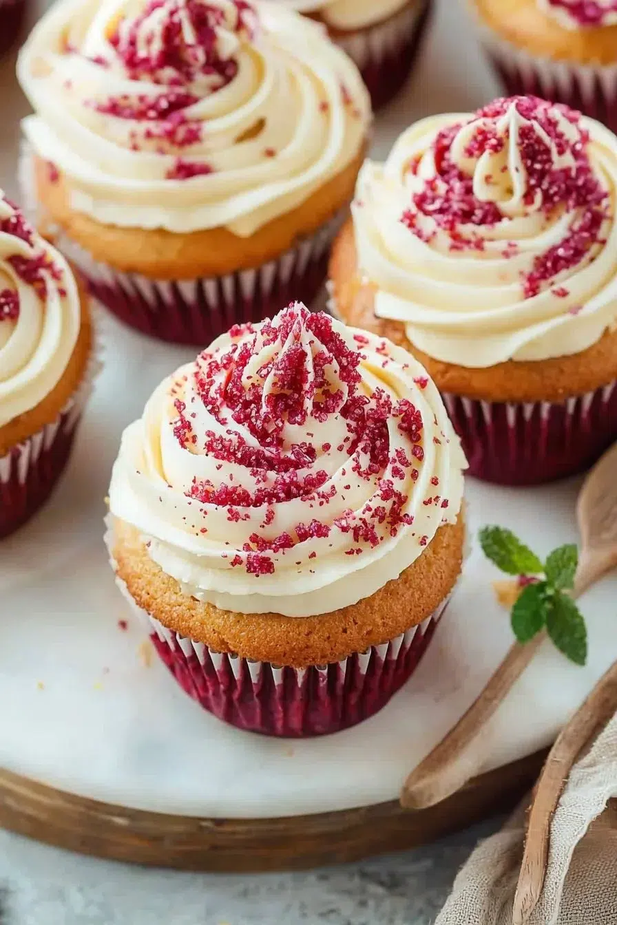 Velvety Cupcakes with Red and White Swirl Frosting