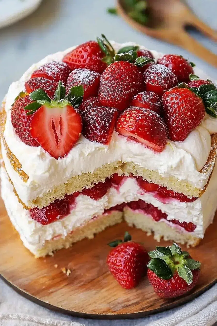 Delicious whipped cream strawberry cake displayed on a festive table